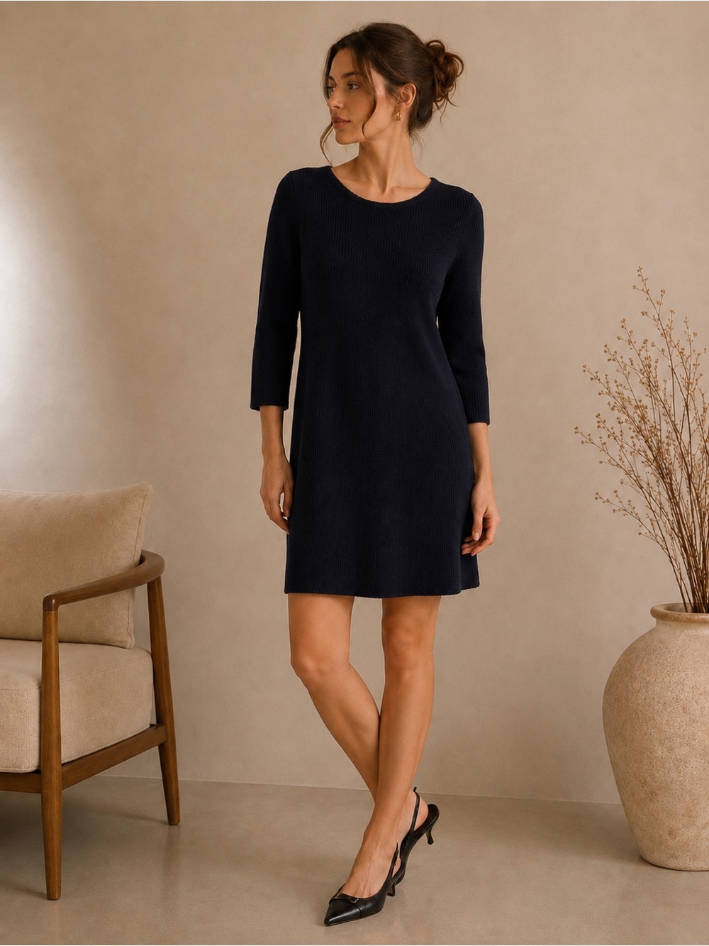 LOFT Navy Blue Merino Wool Blend Ribbed Knit Sweater Dress Size Large
